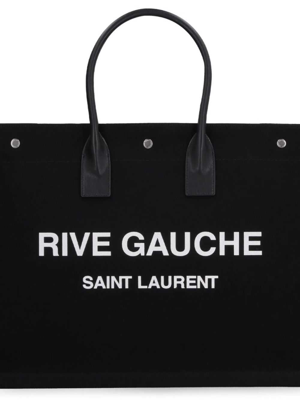 Saint Laurent YSL Rive Gauche Black White Canvas Logo Leather Tote Bag